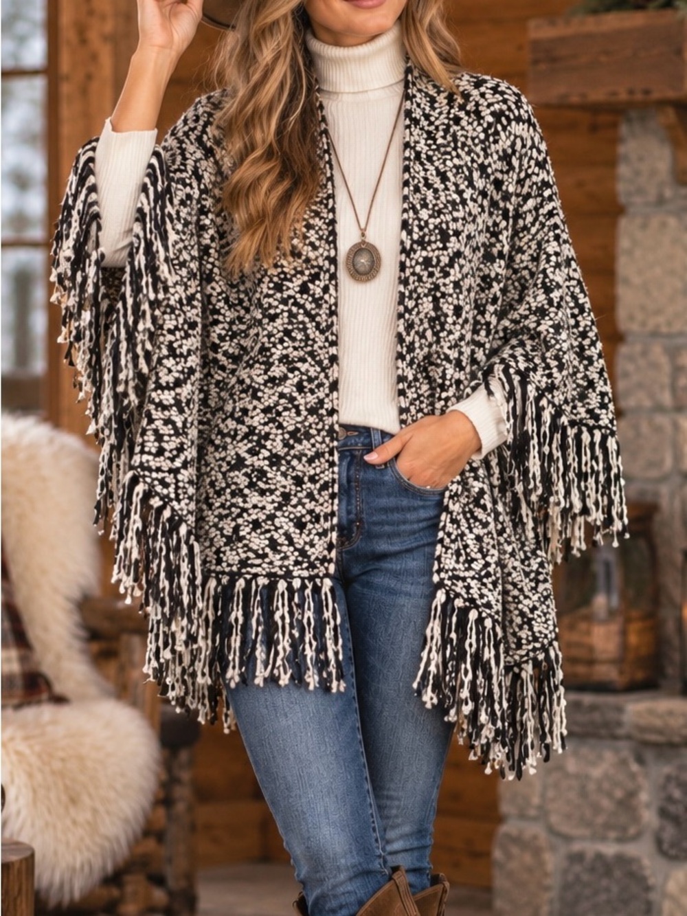 Elan Black White Boucle Knit Fringe Poncho Cardigan OS Boho Western Cozy Wrap
